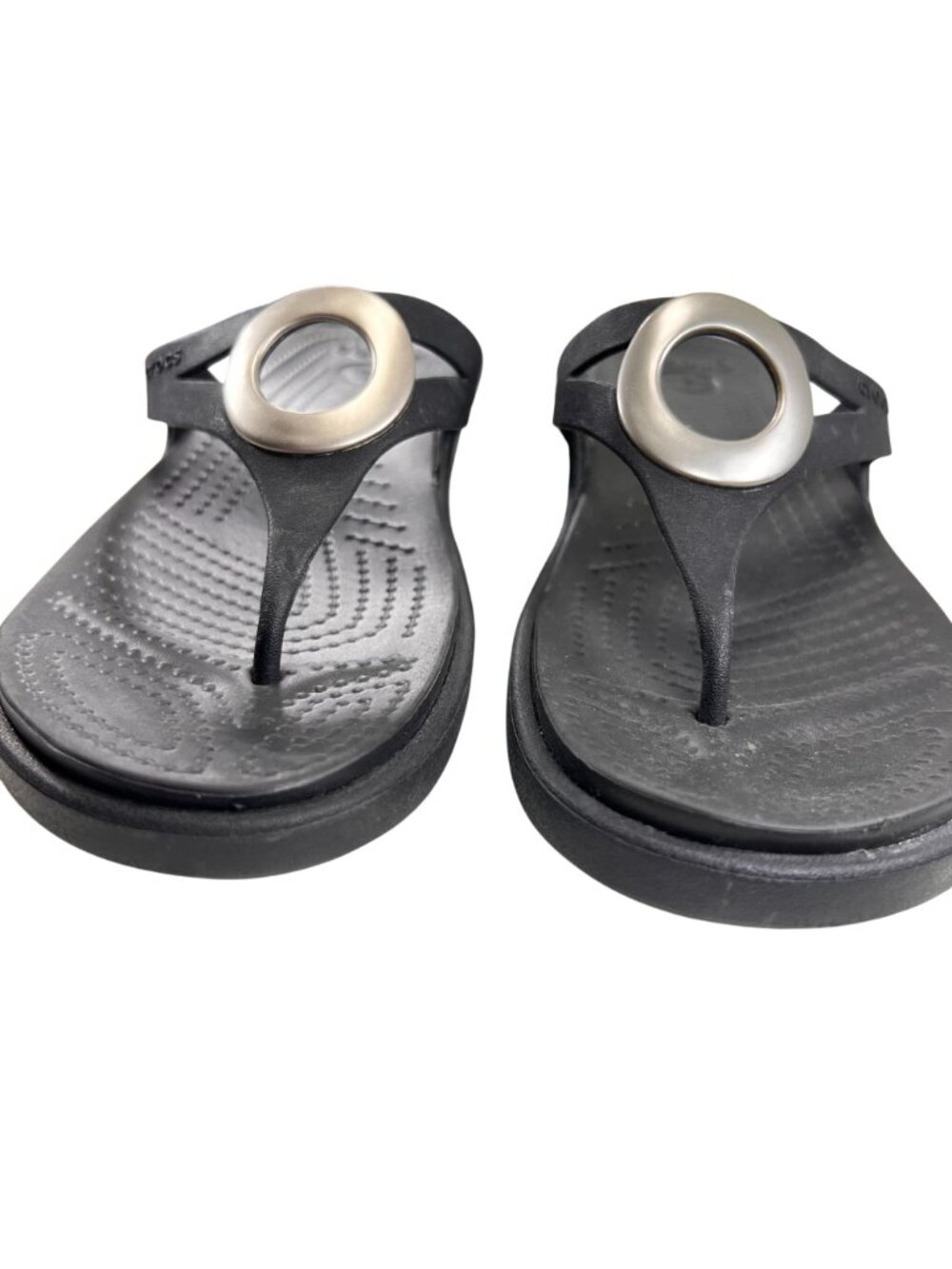 Crocs Sanrah Wedge Sandals Black Flip Flop Thong W7 Silver Circle Womens 14153 - Picture 10 of 14